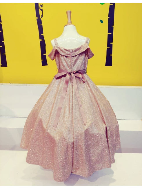 Little Girls Rose Gold Metallic Off Shoulder Flower Girl Dress 2-6 - SophiasStyle.com